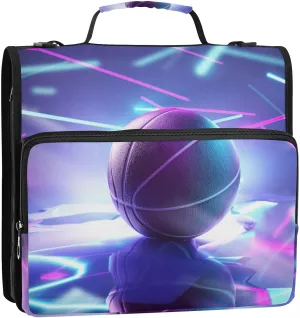 VIGTRO Neon Lights Basketball 1.5 Inch 3 Ring Case Zipper Binder Organizer Bag with Shoulder Strap and Handle 3D Multi-Pocket File Folder for Office Supplies