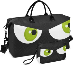 VIGTRO Travel Duffel Bag Weekender Overnight Bag with Toiletry Bag Angry Green Eyes Printed, Carry On Luggage Bag for Hospital Gym Travel Business, 2 Pcs Set