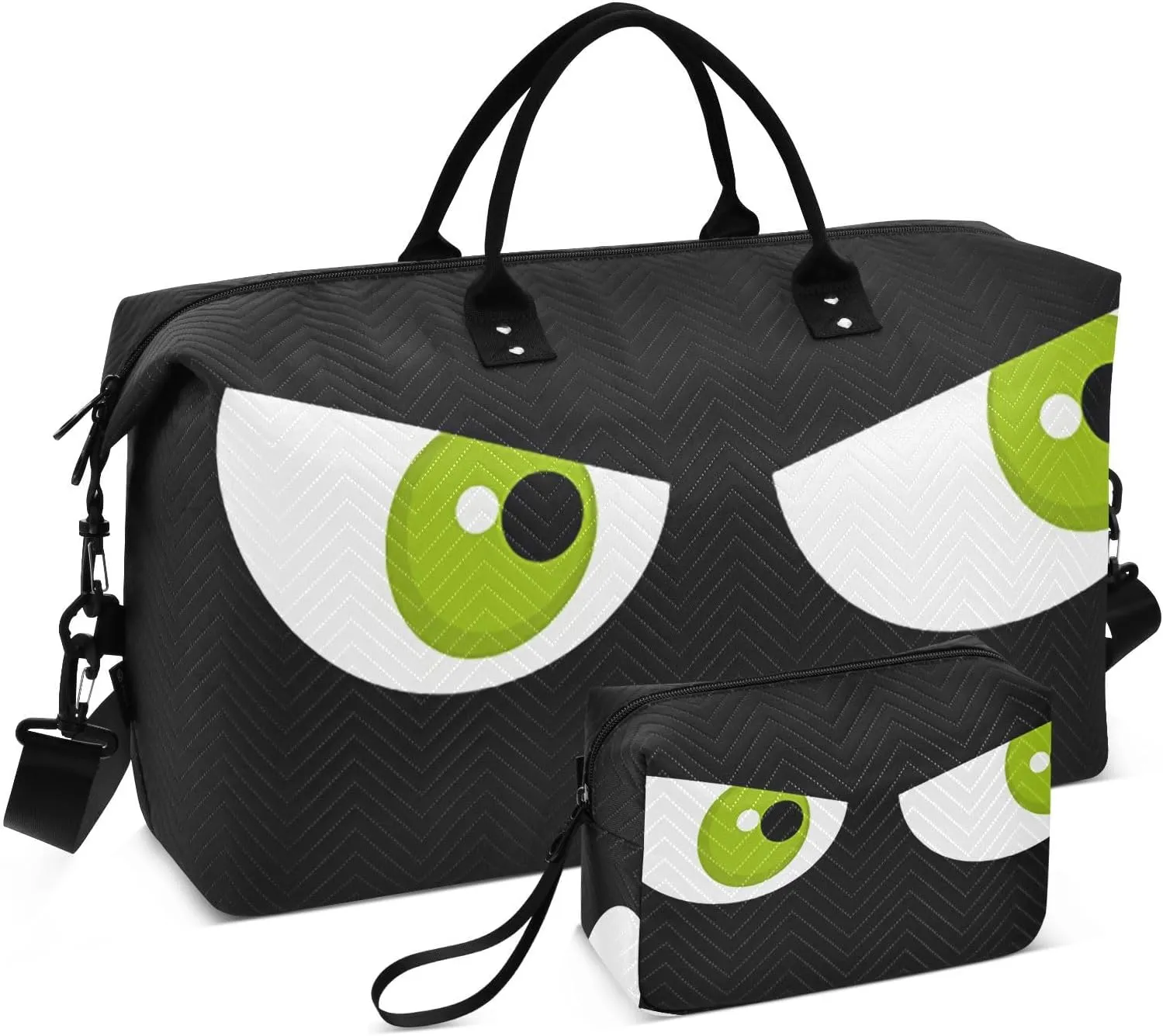VIGTRO Travel Duffel Bag Weekender Overnight Bag with Toiletry Bag Angry Green Eyes Printed, Carry On Luggage Bag for Hospital Gym Travel Business, 2 Pcs Set