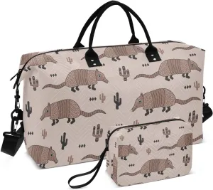 VIGTRO Travel Duffel Bag Weekender Overnight Bag with Toiletry Bag Armadillo Wildlife Animals Printed, Carry On Luggage Bag for Hospital Gym Travel Business, 2 Pcs Set