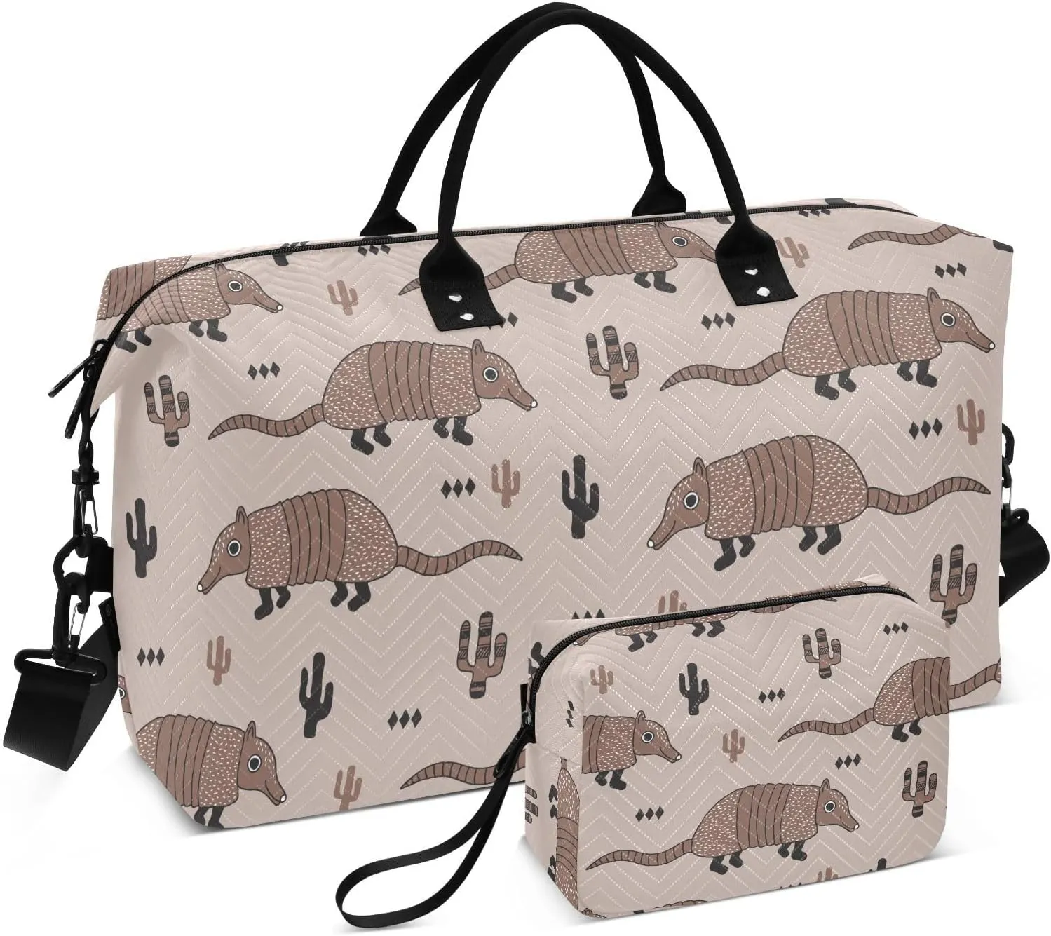 VIGTRO Travel Duffel Bag Weekender Overnight Bag with Toiletry Bag Armadillo Wildlife Animals Printed, Carry On Luggage Bag for Hospital Gym Travel Business, 2 Pcs Set