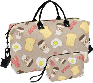 VIGTRO Travel Duffel Bag Weekender Overnight Bag with Toiletry Bag Breakfast Eggs Toast Coffee Printed, Carry On Luggage Bag for Hospital Gym Travel Business, 2 Pcs Set