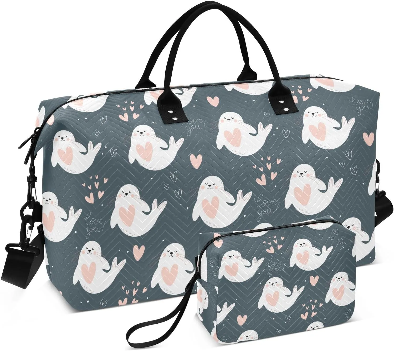 VIGTRO Travel Duffel Bag Weekender Overnight Bag with Toiletry Bag Cartoon Seal Pink Hearts Printed, Carry On Luggage Bag for Hospital Gym Travel Business, 2 Pcs Set