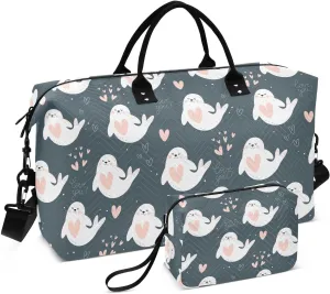 VIGTRO Travel Duffel Bag Weekender Overnight Bag with Toiletry Bag Cartoon Seal Pink Hearts Printed, Carry On Luggage Bag for Hospital Gym Travel Business, 2 Pcs Set