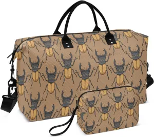 VIGTRO Travel Duffel Bag Weekender Overnight Bag with Toiletry Bag Cartoon Stag Beetle Pattern Printed, Carry On Luggage Bag for Hospital Gym Travel Business, 2 Pcs Set