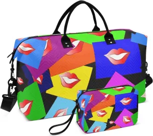 VIGTRO Travel Duffel Bag Weekender Overnight Bag with Toiletry Bag Colorful Lips Print Printed, Carry On Luggage Bag Funny Mouth Kiss for Hospital Gym Travel Business, 2 Pcs Set
