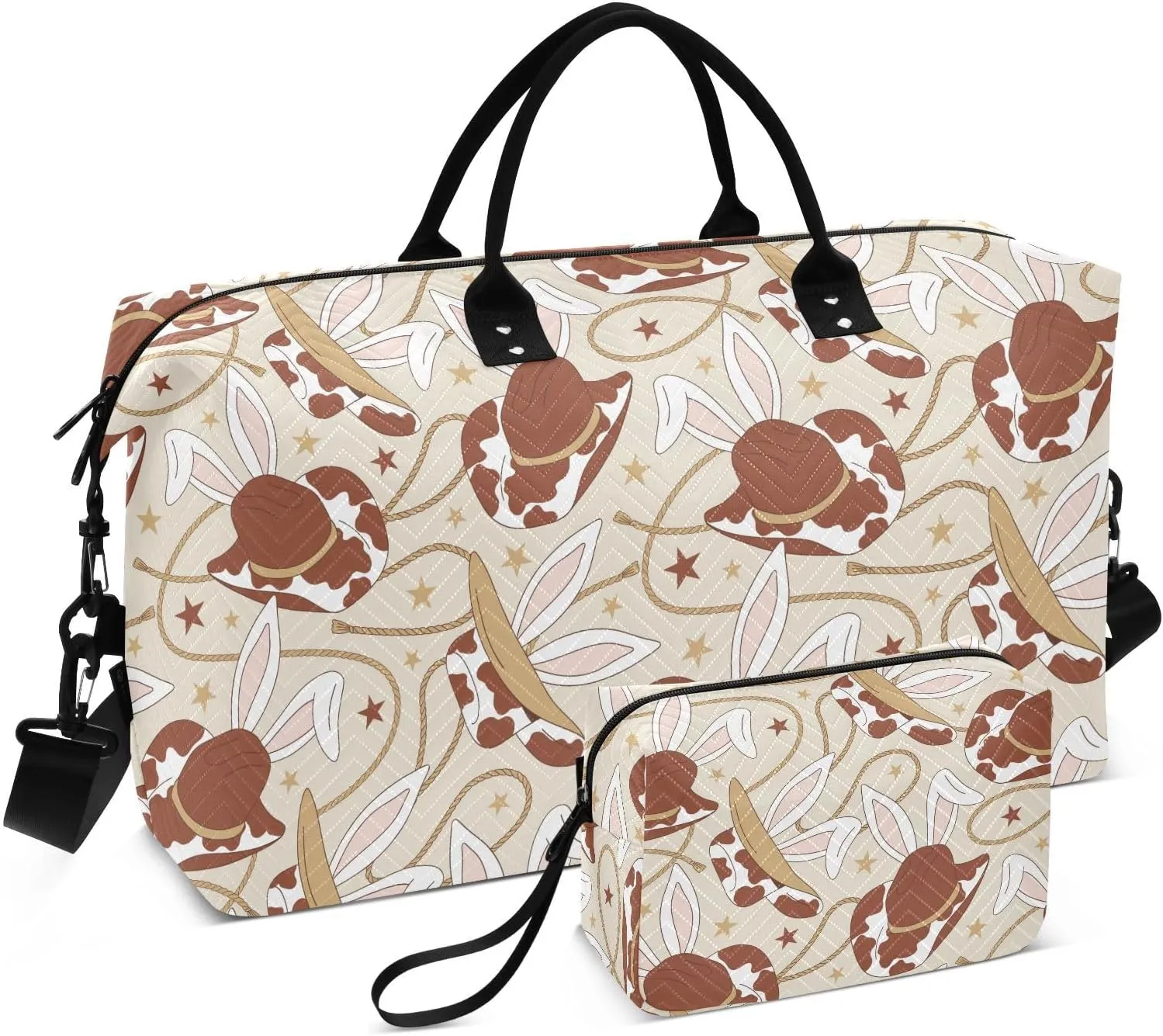 VIGTRO Travel Duffel Bag Weekender Overnight Bag with Toiletry Bag Cowboy Hat Bunny Ears Printed, Carry On Luggage Bag for Hospital Gym Travel Business, 2 Pcs Set