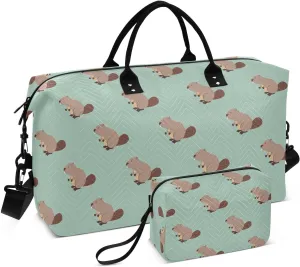 VIGTRO Travel Duffel Bag Weekender Overnight Bag with Toiletry Bag Cute Beaver Animals Pattern Printed, Carry On Luggage Bag for Hospital Gym Travel Business, 2 Pcs Set