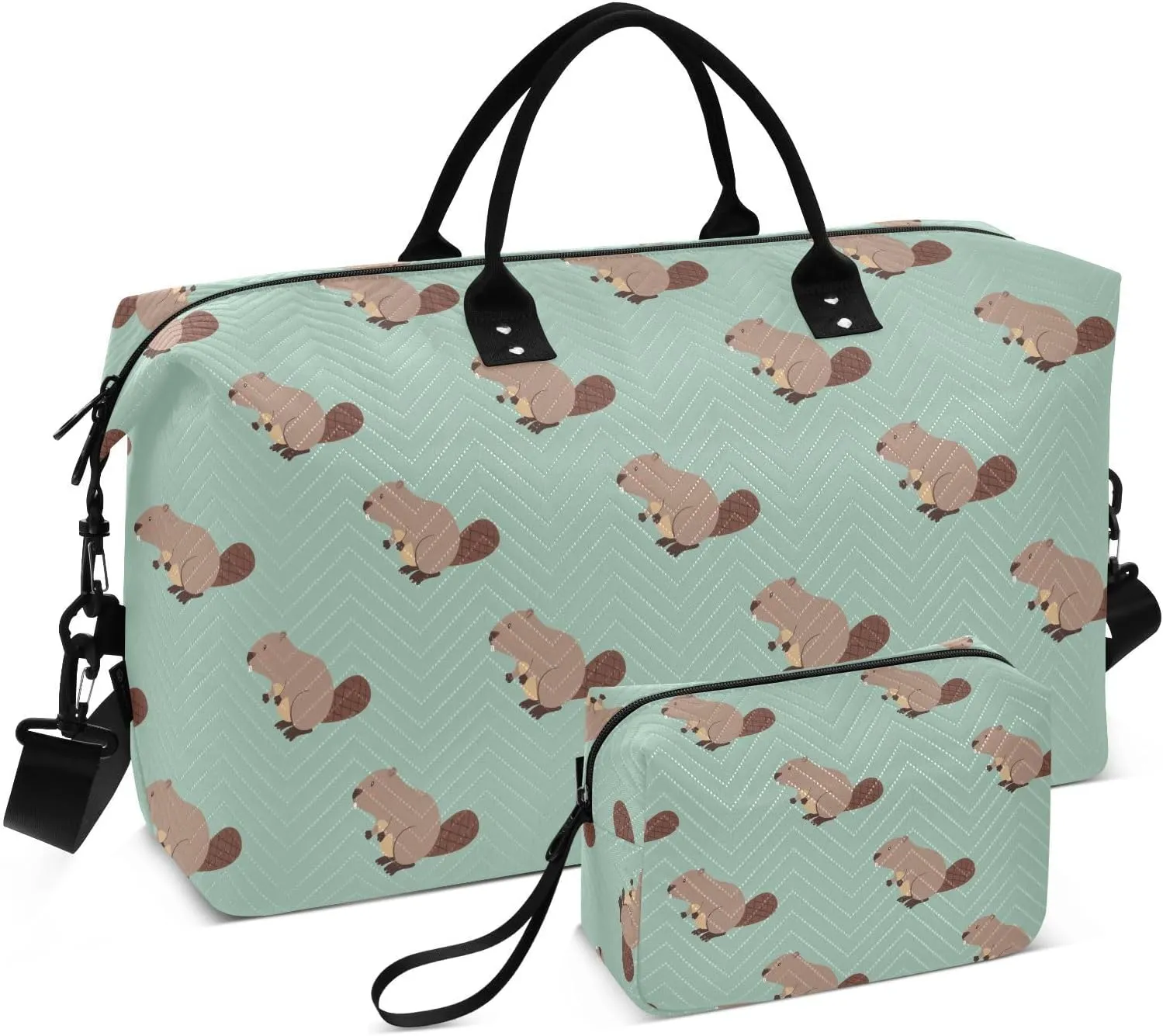 VIGTRO Travel Duffel Bag Weekender Overnight Bag with Toiletry Bag Cute Beaver Animals Pattern Printed, Carry On Luggage Bag for Hospital Gym Travel Business, 2 Pcs Set