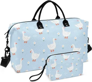 VIGTRO Travel Duffel Bag Weekender Overnight Bag with Toiletry Bag Cute Goose Floral Printed, Carry On Luggage Bag for Hospital Gym Travel Business, 2 Pcs Set