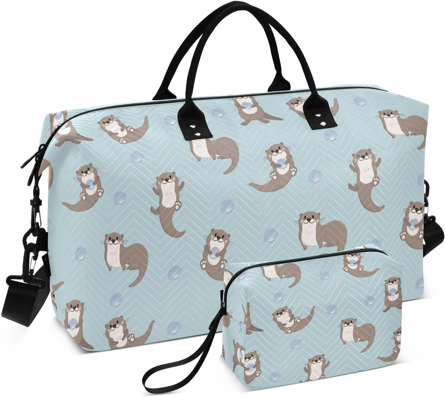 VIGTRO Travel Duffel Bag Weekender Overnight Bag with Toiletry Bag Cute Otter Shellfish Printed, Carry On Luggage Bag for Hospital Gym Travel Business, 2 Pcs Set