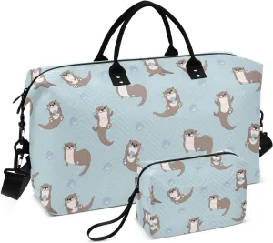 VIGTRO Travel Duffel Bag Weekender Overnight Bag with Toiletry Bag Cute Otter Shellfish Printed, Carry On Luggage Bag for Hospital Gym Travel Business, 2 Pcs Set