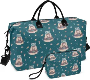 VIGTRO Travel Duffel Bag Weekender Overnight Bag with Toiletry Bag Cute Raccoon Wearing Clothes Printed, Carry On Luggage Bag for Hospital Gym Travel Business, 2 Pcs Set