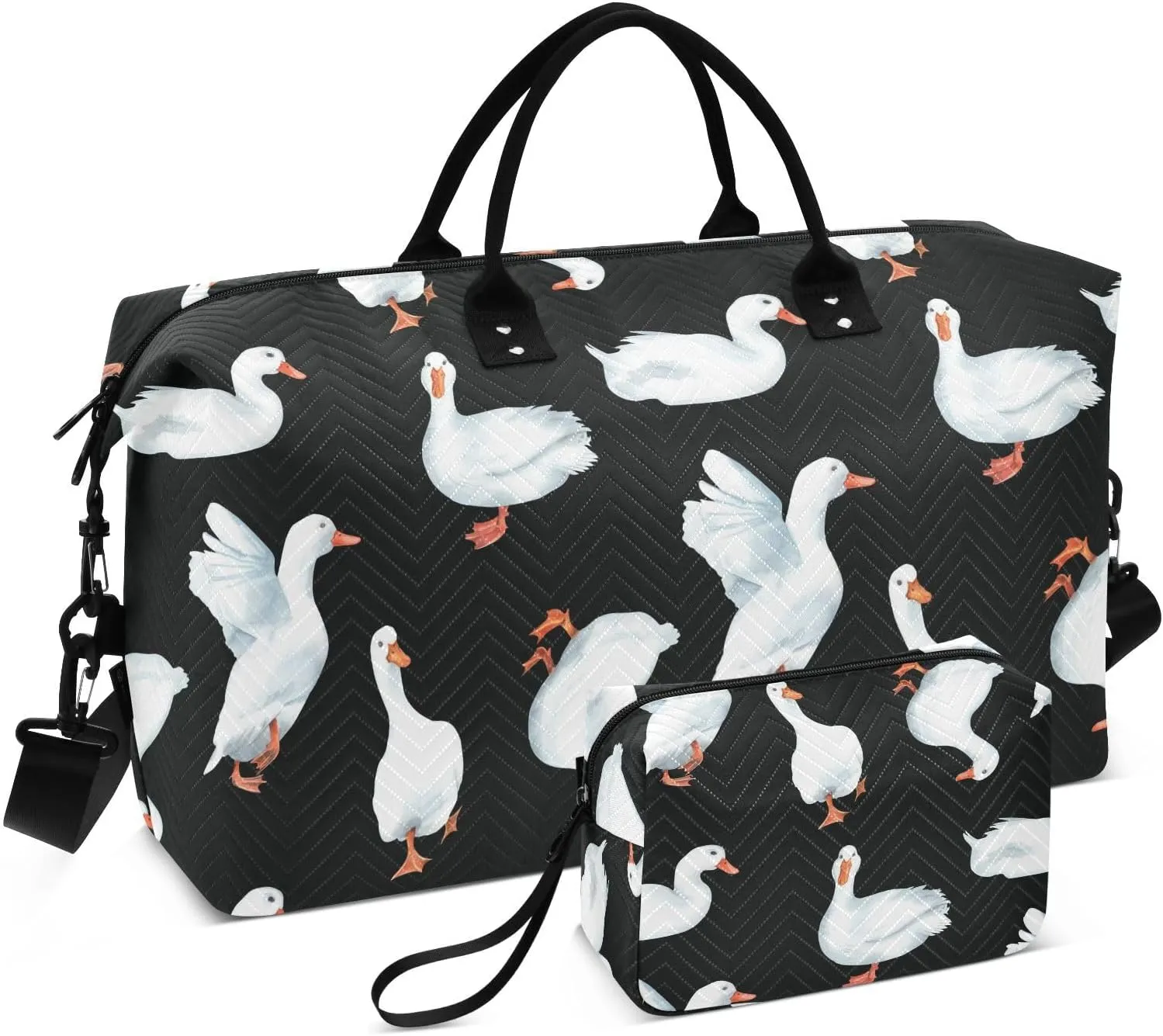 VIGTRO Travel Duffel Bag Weekender Overnight Bag with Toiletry Bag Duck Village Pekin Ducks Printed, Carry On Luggage Bag for Hospital Gym Travel Business, 2 Pcs Set