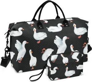VIGTRO Travel Duffel Bag Weekender Overnight Bag with Toiletry Bag Duck Village Pekin Ducks Printed, Carry On Luggage Bag for Hospital Gym Travel Business, 2 Pcs Set