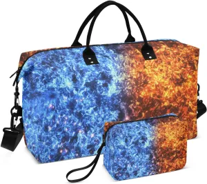 VIGTRO Travel Duffel Bag Weekender Overnight Bag with Toiletry Bag Fire and Ice Spark Printed, Carry On Luggage Bag for Hospital Gym Travel Business, 2 Pcs Set