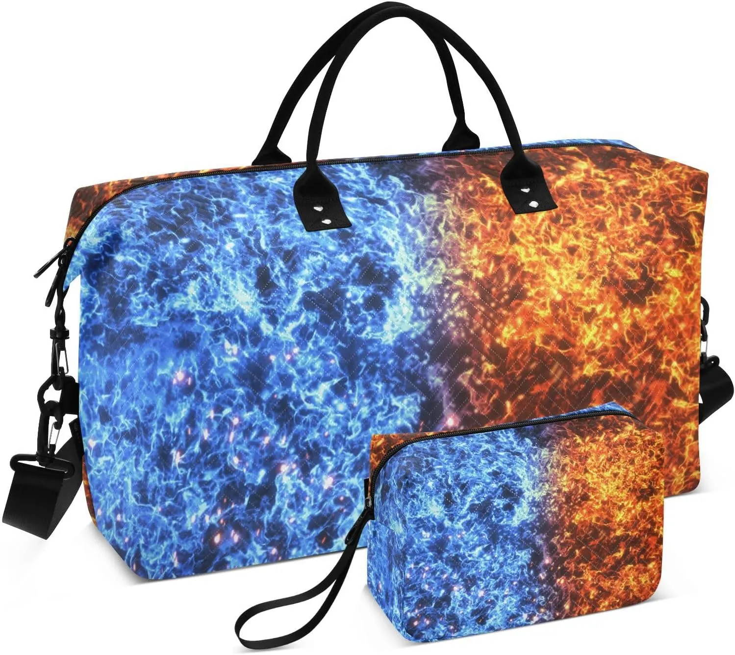 VIGTRO Travel Duffel Bag Weekender Overnight Bag with Toiletry Bag Fire and Ice Spark Printed, Carry On Luggage Bag for Hospital Gym Travel Business, 2 Pcs Set