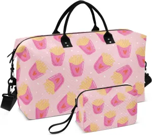 VIGTRO Travel Duffel Bag Weekender Overnight Bag with Toiletry Bag French Fries Pattern Printed, Carry On Luggage Bag Chips Cute for Hospital Gym Travel Business, 2 Pcs Set