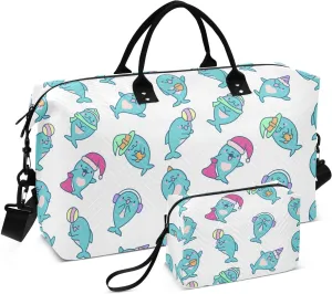 VIGTRO Travel Duffel Bag Weekender Overnight Bag with Toiletry Bag Funny Animals Dolphin Printed, Carry On Luggage Bag for Hospital Gym Travel Business, 2 Pcs Set