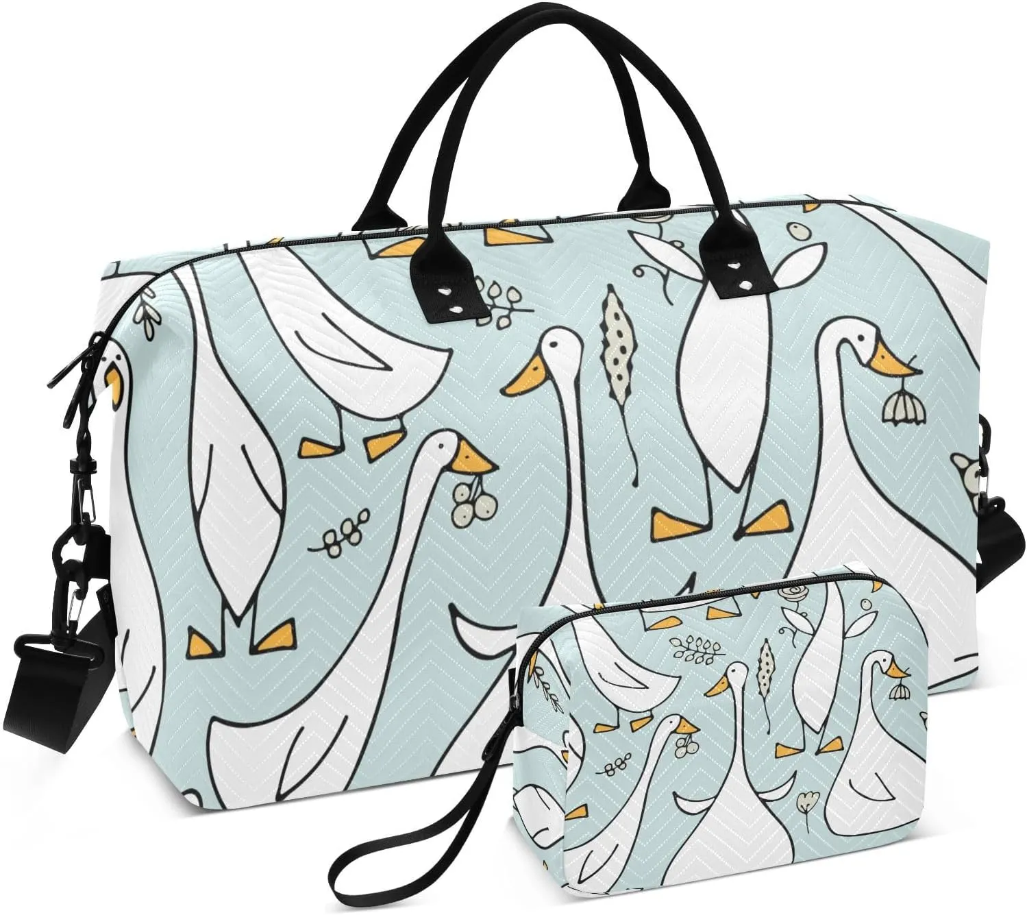 VIGTRO Travel Duffel Bag Weekender Overnight Bag with Toiletry Bag Funny Goose Family Printed, Carry On Luggage Bag Cartoon for Hospital Gym Travel Business, 2 Pcs Set