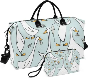 VIGTRO Travel Duffel Bag Weekender Overnight Bag with Toiletry Bag Funny Goose Family Printed, Carry On Luggage Bag Cartoon for Hospital Gym Travel Business, 2 Pcs Set