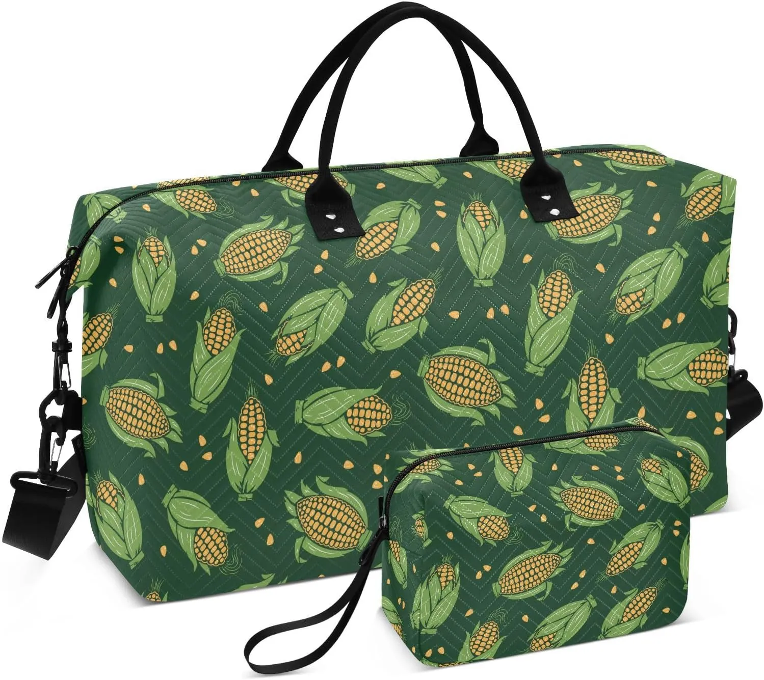 VIGTRO Travel Duffel Bag Weekender Overnight Bag with Toiletry Bag Green Corn Cob Printed, Carry On Luggage Bag for Hospital Gym Travel Business, 2 Pcs Set