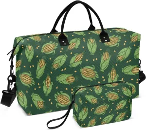 VIGTRO Travel Duffel Bag Weekender Overnight Bag with Toiletry Bag Green Corn Cob Printed, Carry On Luggage Bag for Hospital Gym Travel Business, 2 Pcs Set