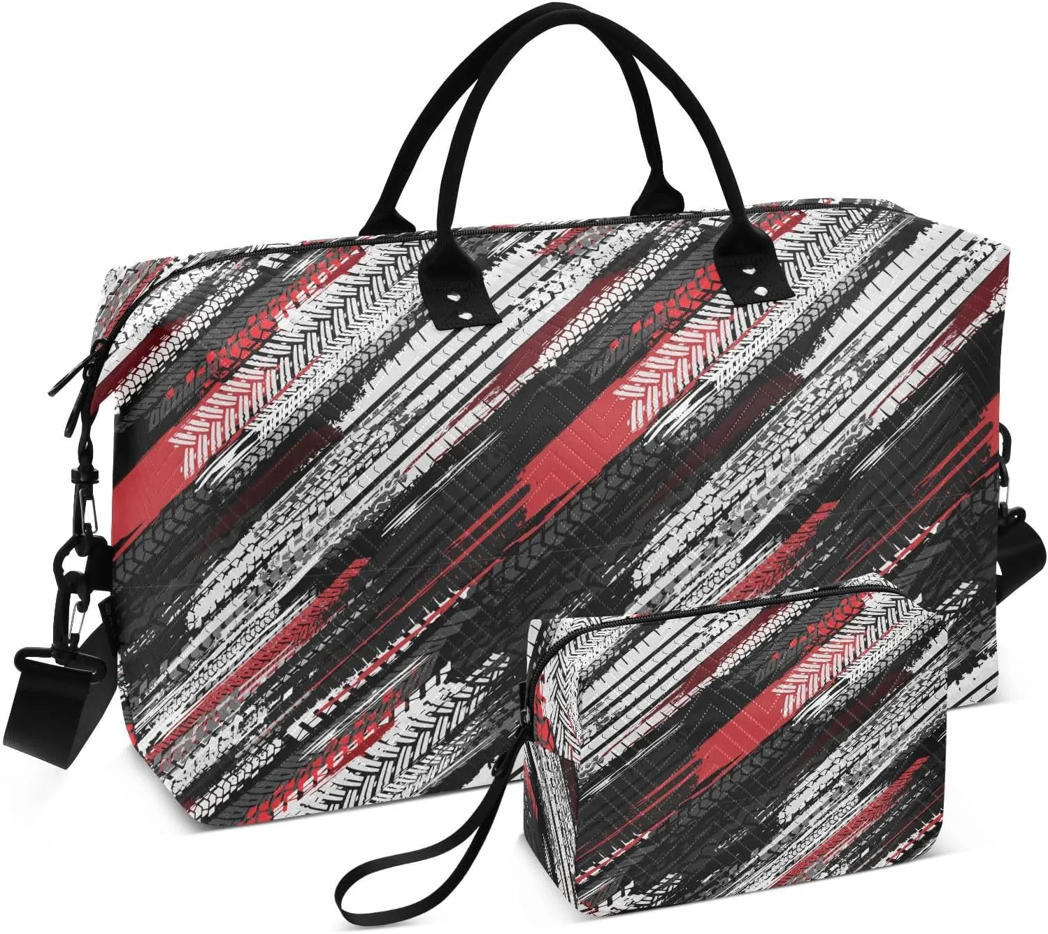 VIGTRO Travel Duffel Bag Weekender Overnight Bag with Toiletry Bag Grunge Motorcycle Tire Tracks Printed, Carry On Luggage Bag for Hospital Gym Travel Business, 2 Pcs Set