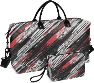 VIGTRO Travel Duffel Bag Weekender Overnight Bag with Toiletry Bag Grunge Motorcycle Tire Tracks Printed, Carry On Luggage Bag for Hospital Gym Travel Business, 2 Pcs Set