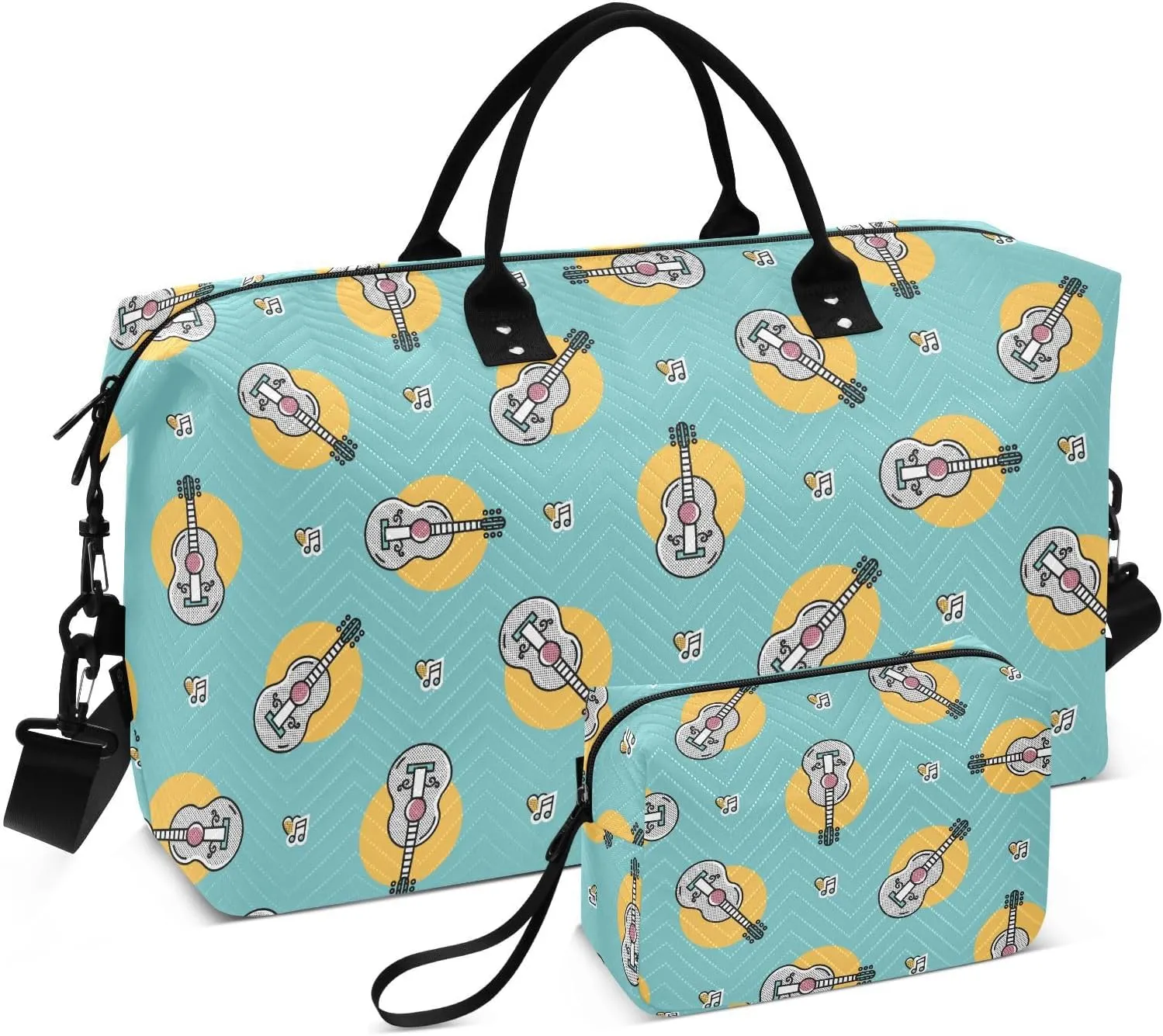 VIGTRO Travel Duffel Bag Weekender Overnight Bag with Toiletry Bag Guitars Notes and Hearts Printed, Carry On Luggage Bag Hipster Musical for Hospital Gym Travel Business, 2 Pcs Set