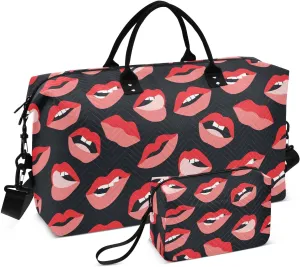VIGTRO Travel Duffel Bag Weekender Overnight Bag with Toiletry Bag Lips Beauty Printed, Carry On Luggage Bag Fashion for Hospital Gym Travel Business, 2 Pcs Set