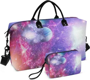 VIGTRO Travel Duffel Bag Weekender Overnight Bag with Toiletry Bag Nebular Galactic Space Printed, Carry On Luggage Bag Colorful Romance Shiny for Hospital Gym Travel Business, 2 Pcs Set