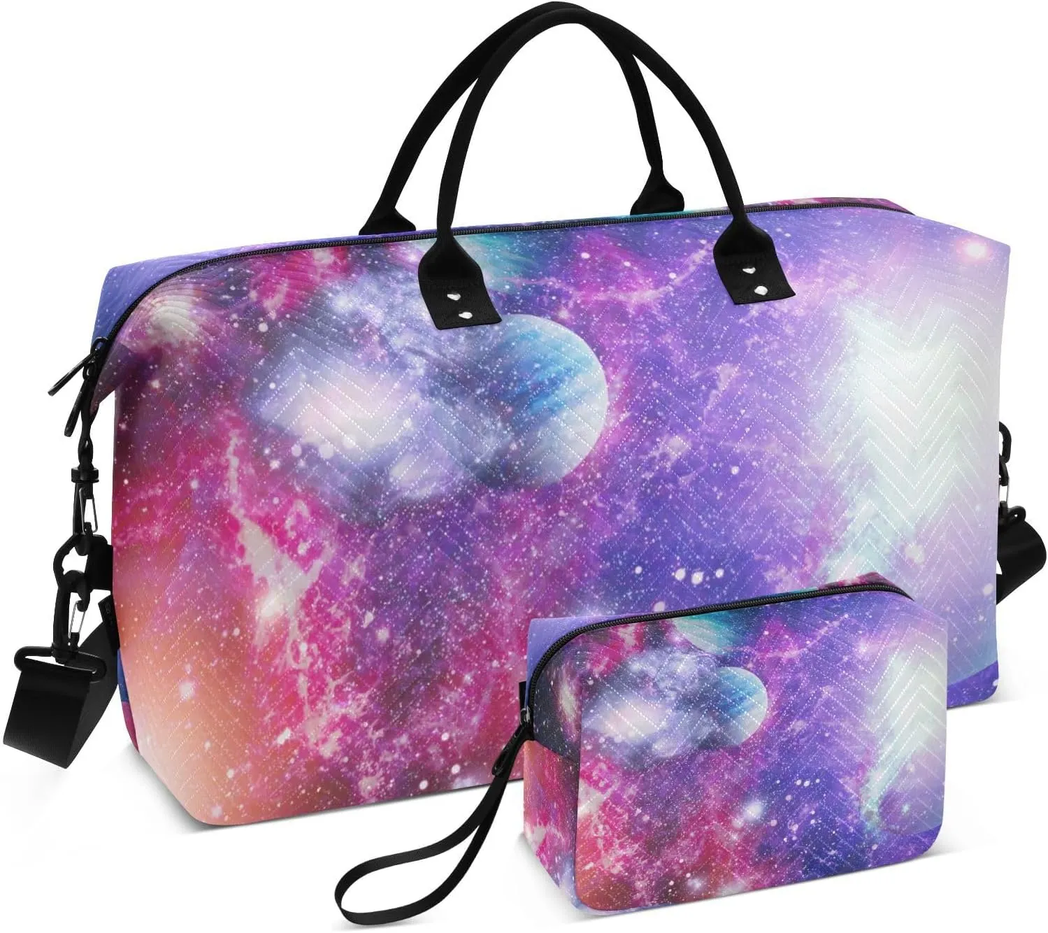VIGTRO Travel Duffel Bag Weekender Overnight Bag with Toiletry Bag Nebular Galactic Space Printed, Carry On Luggage Bag Colorful Romance Shiny for Hospital Gym Travel Business, 2 Pcs Set