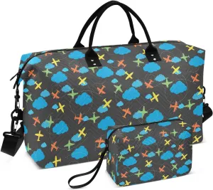 VIGTRO Travel Duffel Bag Weekender Overnight Bag with Toiletry Bag Plane and Cloud Route Printed, Carry On Luggage Bag for Hospital Gym Travel Business, 2 Pcs Set