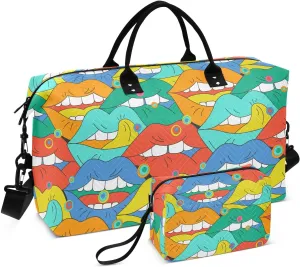 VIGTRO Travel Duffel Bag Weekender Overnight Bag with Toiletry Bag Pop Art Colorful Lips Printed, Carry On Luggage Bag for Hospital Gym Travel Business, 2 Pcs Set