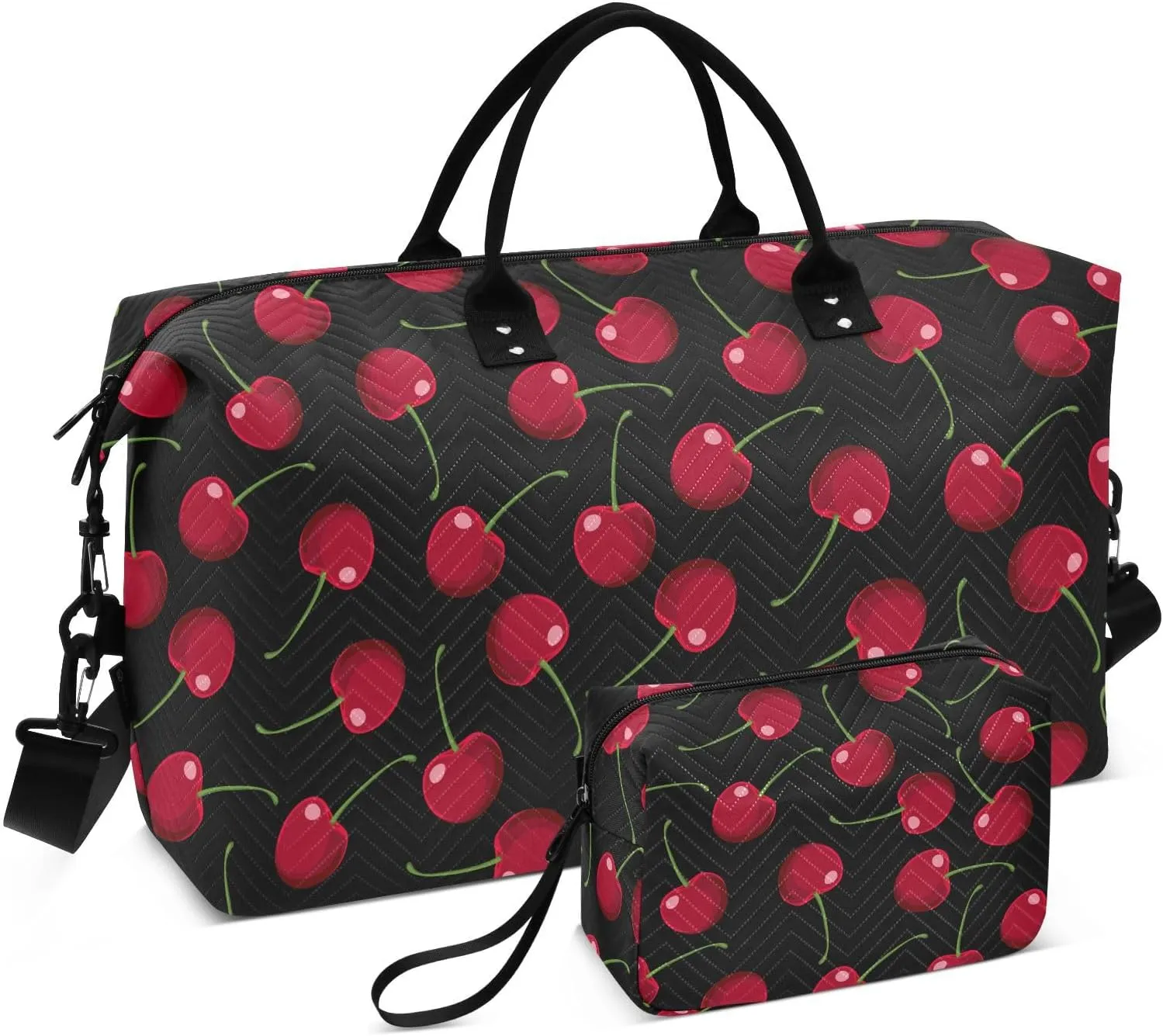 VIGTRO Travel Duffel Bag Weekender Overnight Bag with Toiletry Bag Red Cherries Pattern Printed, Carry On Luggage Bag Fruit for Hospital Gym Travel Business, 2 Pcs Set