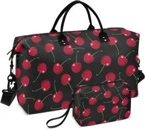 VIGTRO Travel Duffel Bag Weekender Overnight Bag with Toiletry Bag Red Cherries Pattern Printed, Carry On Luggage Bag Fruit for Hospital Gym Travel Business, 2 Pcs Set