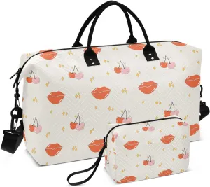 VIGTRO Travel Duffel Bag Weekender Overnight Bag with Toiletry Bag Red Lips Cute Cherries Printed, Carry On Luggage Bag for Hospital Gym Travel Business, 2 Pcs Set
