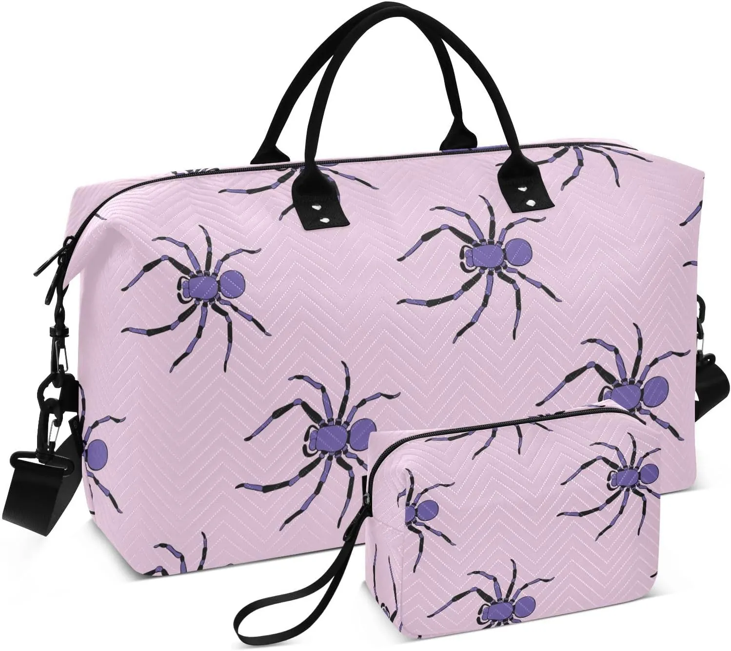VIGTRO Travel Duffel Bag Weekender Overnight Bag with Toiletry Bag Russet Spiders Pattern Printed, Carry On Luggage Bag for Hospital Gym Travel Business, 2 Pcs Set