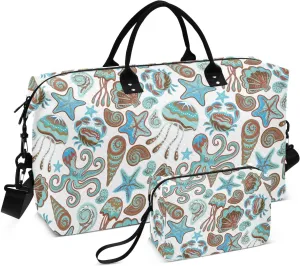 VIGTRO Travel Duffel Bag Weekender Overnight Bag with Toiletry Bag Sea Life Octopus Starfish Printed, Carry On Luggage Bag Shell Marine for Hospital Gym Travel Business, 2 Pcs Set