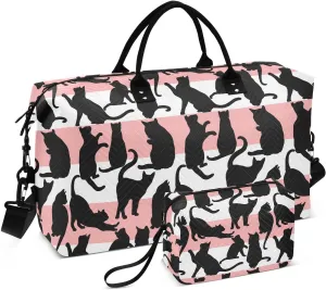 VIGTRO Travel Duffel Bag Weekender Overnight Bag with Toiletry Bag Shadow Black Cats Printed, Carry On Luggage Bag for Hospital Gym Travel Business, 2 Pcs Set