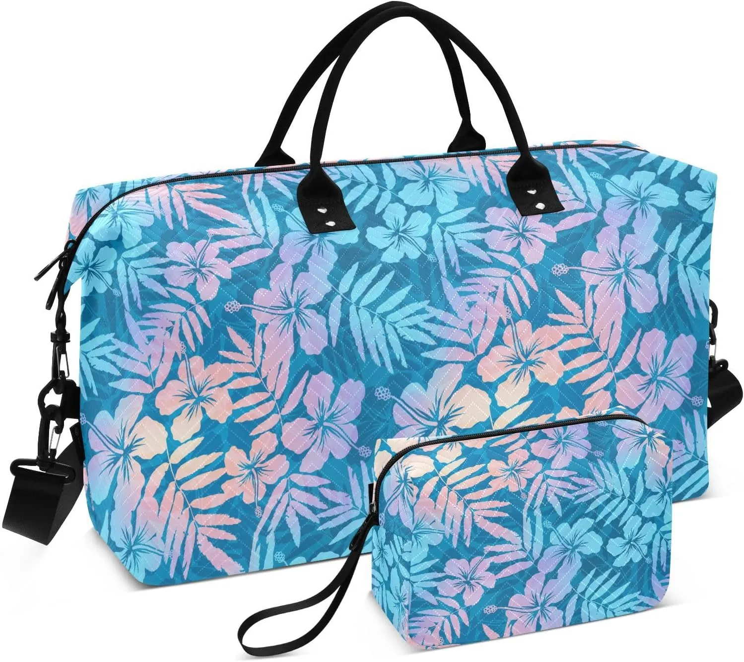 VIGTRO Travel Duffel Bag Weekender Overnight Bag with Toiletry Bag Tropic Flowers Printed, Carry On Luggage Bag Blue and Pink for Hospital Gym Travel Business, 2 Pcs Set