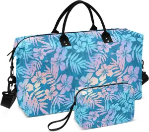 VIGTRO Travel Duffel Bag Weekender Overnight Bag with Toiletry Bag Tropic Flowers Printed, Carry On Luggage Bag Blue and Pink for Hospital Gym Travel Business, 2 Pcs Set