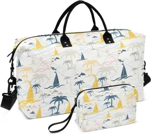 VIGTRO Travel Duffel Bag Weekender Overnight Bag with Toiletry Bag Tropical Sailing Ship Abstract Printed, Carry On Luggage Bag Coconut Tree for Hospital Gym Travel Business, 2 Pcs Set