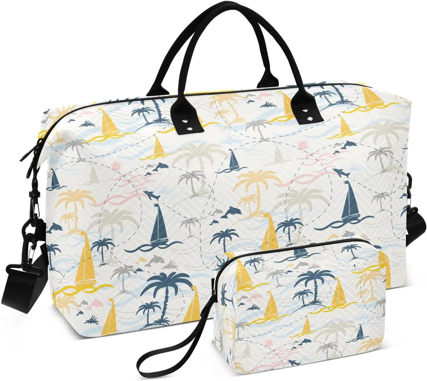 VIGTRO Travel Duffel Bag Weekender Overnight Bag with Toiletry Bag Tropical Sailing Ship Abstract Printed, Carry On Luggage Bag Coconut Tree for Hospital Gym Travel Business, 2 Pcs Set