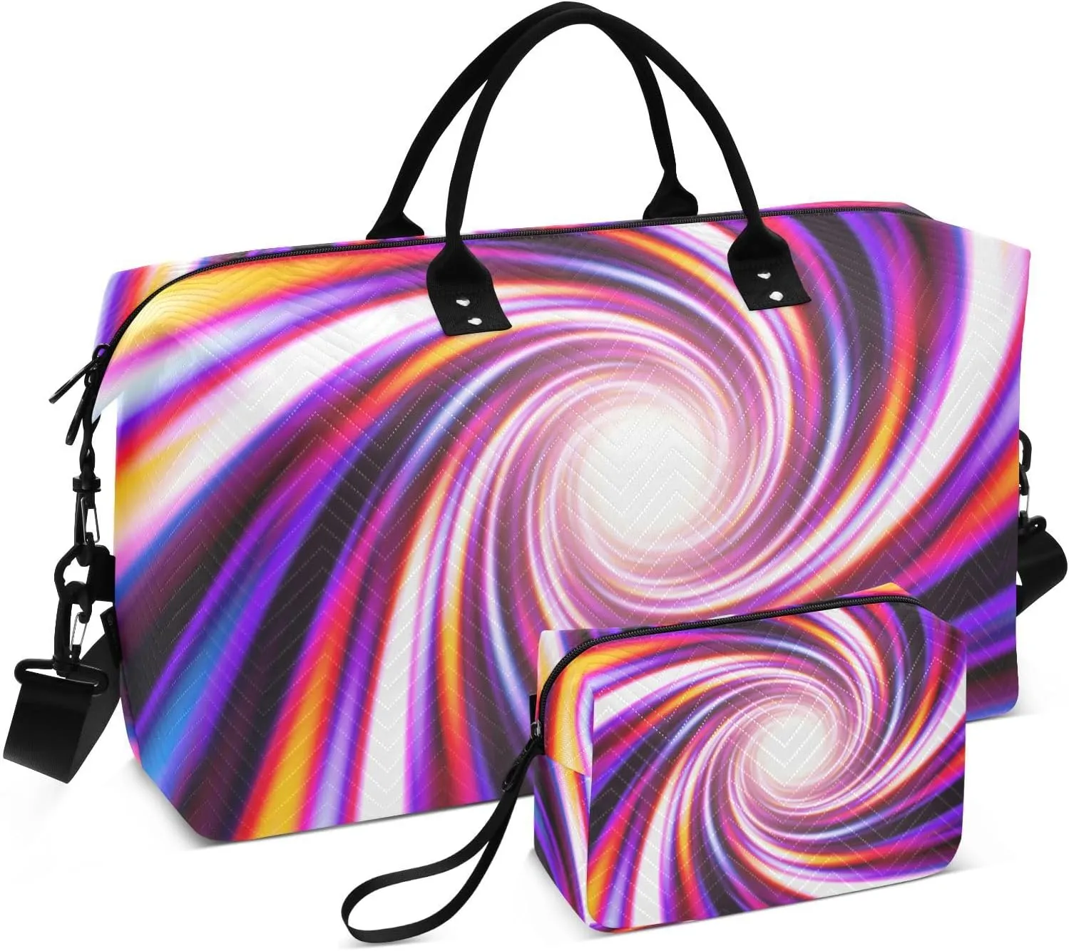 VIGTRO Travel Duffel Bag Weekender Overnight Bag with Toiletry Bag Vortex Spiral Swirling Printed, Carry On Luggage Bag Abstract Psychedelic Tunnel for Hospital Gym Travel Business, 2 Pcs Set