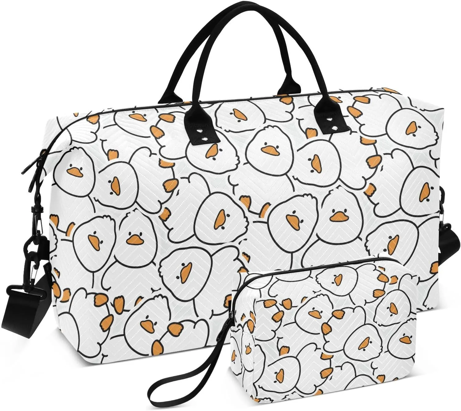 VIGTRO Travel Duffel Bag Weekender Overnight Bag with Toiletry Bag White Cute Duck Printed, Carry On Luggage Bag Cartoon Goose for Hospital Gym Travel Business, 2 Pcs Set