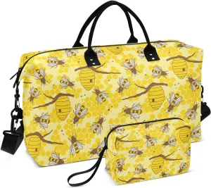 VIGTRO Travel Duffel Bag Weekender Overnight Bag with Toiletry Bag Yellow Bees Honeycombs Printed, Carry On Luggage Bag for Hospital Gym Travel Business, 2 Pcs Set