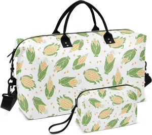 VIGTRO Travel Duffel Bag Weekender Overnight Bag with Toiletry Bag Yellow Maize Corn Grain Printed, Carry On Luggage Bag for Hospital Gym Travel Business, 2 Pcs Set