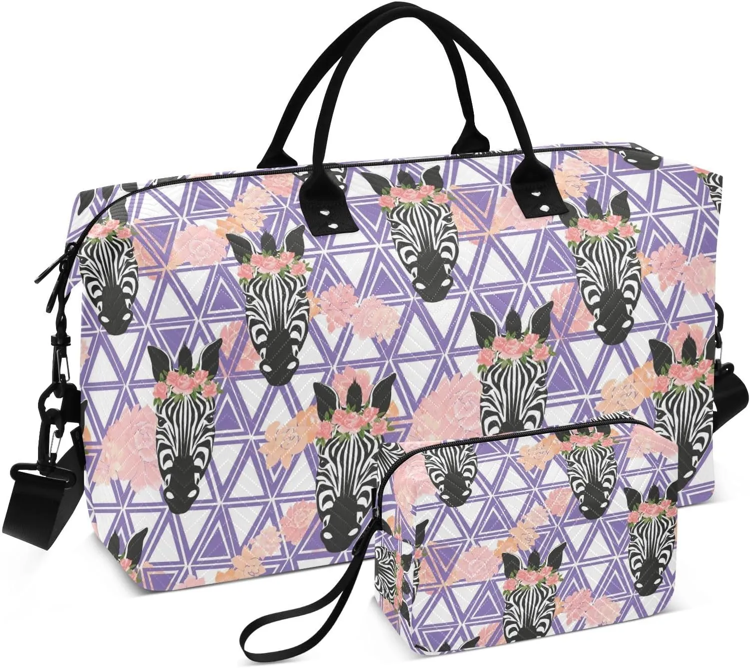 VIGTRO Travel Duffel Bag Weekender Overnight Bag with Toiletry Bag Zebra Animal Pink Flowers Printed, Carry On Luggage Bag for Hospital Gym Travel Business, 2 Pcs Set